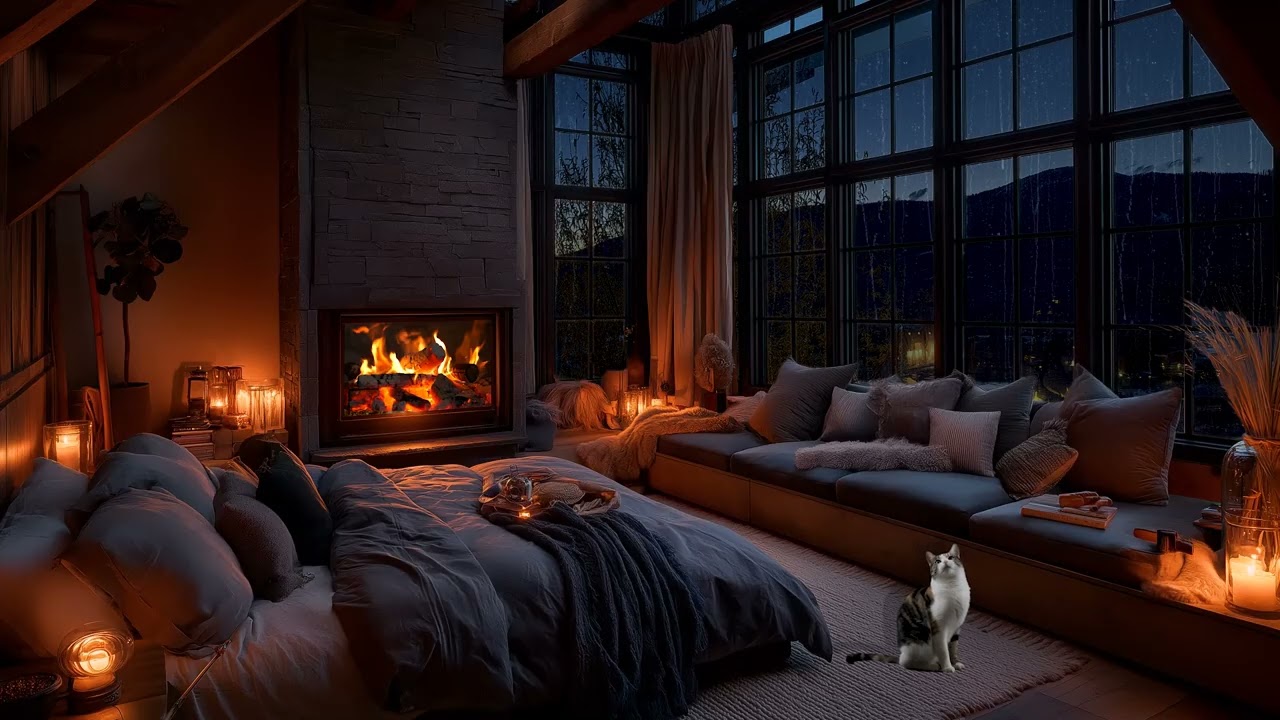 🌧️ Rain & Firelight in a Cozy Bedroom | Gentle Night Sounds for Deep Rest