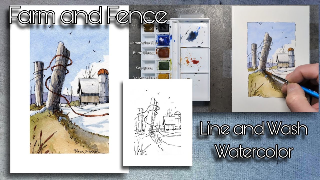 Line and Wash Watercolor, Early Winter Farm, Great for beginners. Peter Sheeler, sheelerart