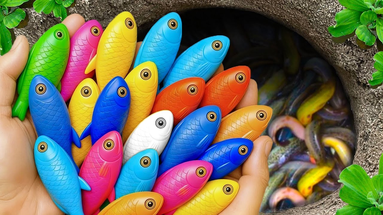 Catch beautiful aquarium fish in small pond baby turtles, eel, pencil fish, guppies blue, pearl fish