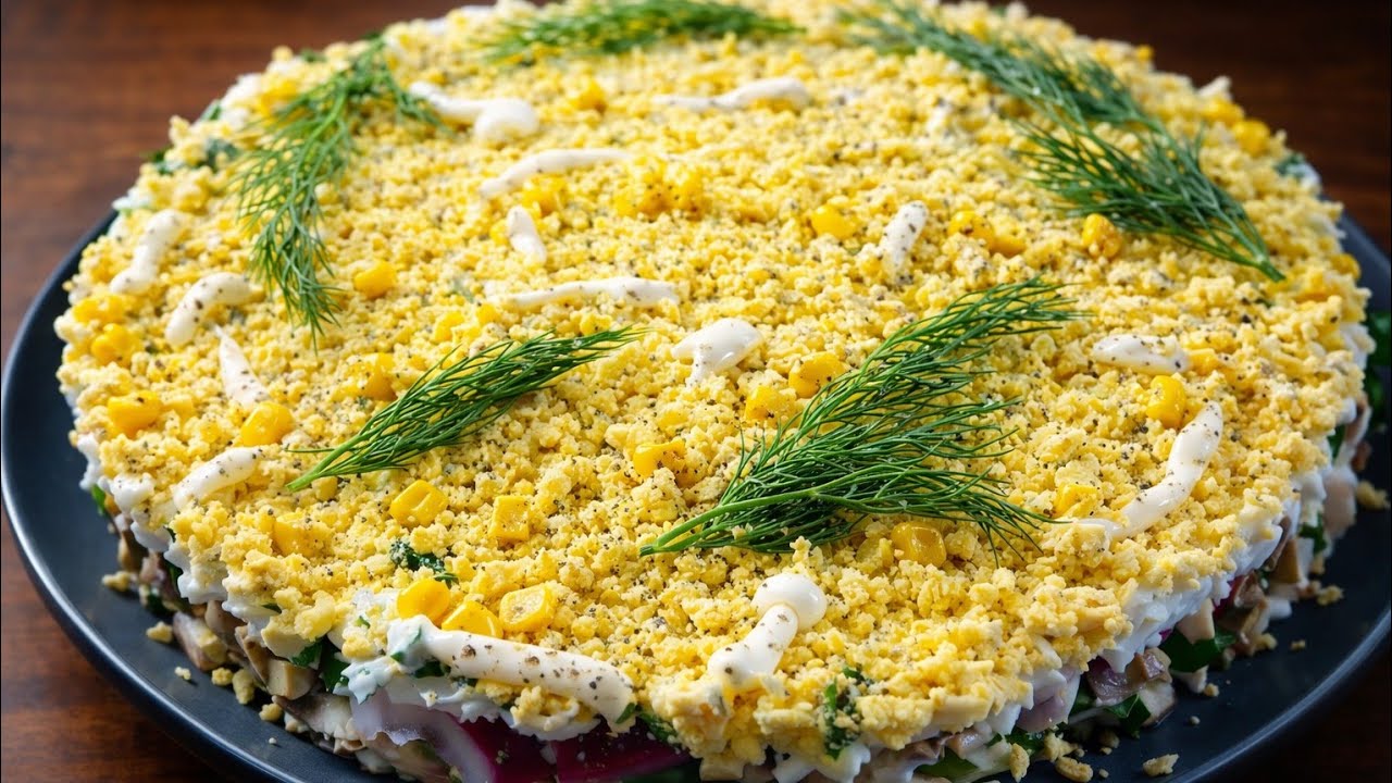 Салат с копчёным филе, грибами и маринованным луком