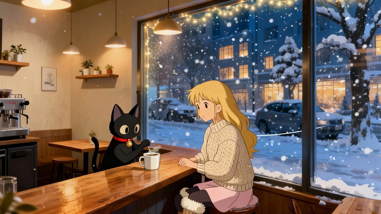Coffee Shop in the Snow with Kitty's & Yiri's ☕ Winter Jazz Lofi ❄️ Relaxing Music to Stress Relief