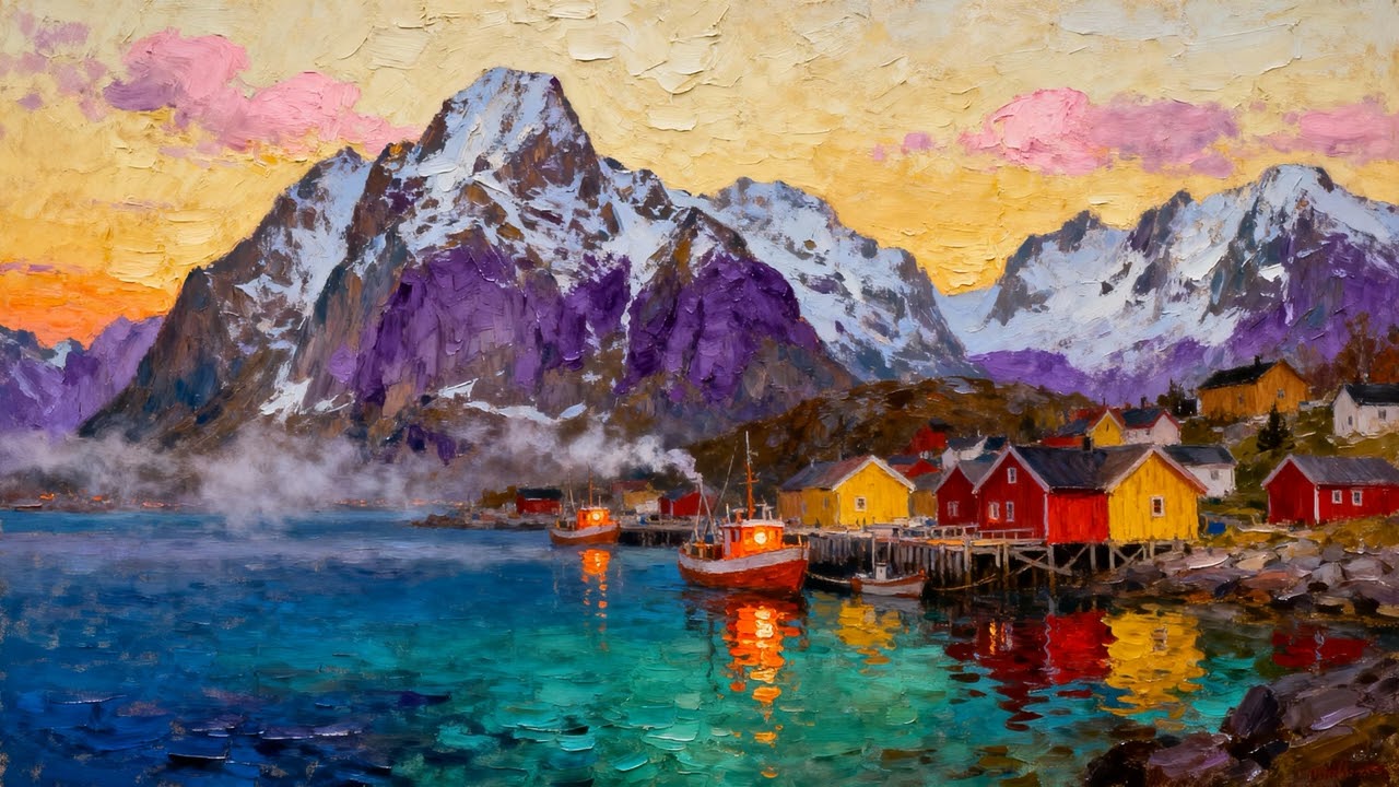 🎨 Norwegian Fjord Village | 4K Oil Painting Screensaver | 2 Hours