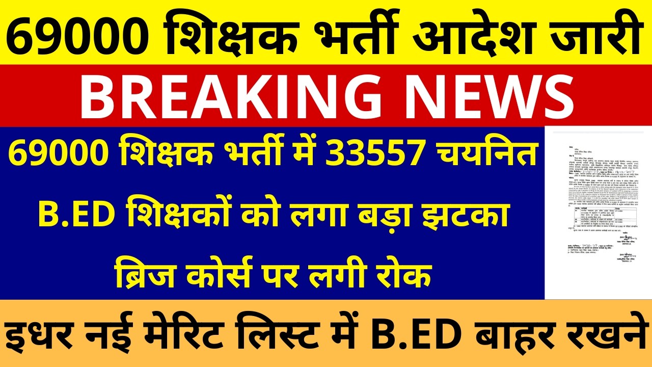 69000 शिक्षक भर्ती में 33557 चयनित B.Ed शिक्षकों लगा बड़ा झटका ब्रिज कोर्स पर लगी रोक नई मेरिट लिस्ट