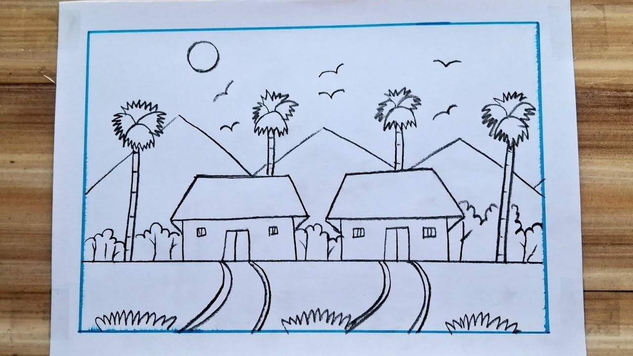 Easy Village Scenery Drawing with Pencil Tutorials / How to Draw Beautiful Scenery step by step 