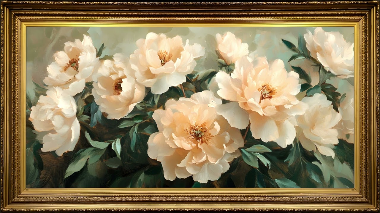 Peach Peony Garden, Vintage Oil Painting | Gold Framed TV Art Screensaver 4K