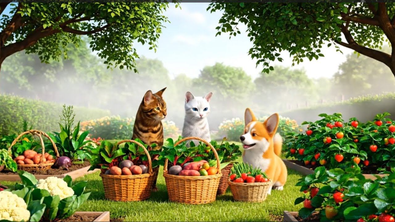 Corgi vs Cat – Who Harvests Better? Baby Corgi & Cat Couple Harvest Vegetables and Fruits