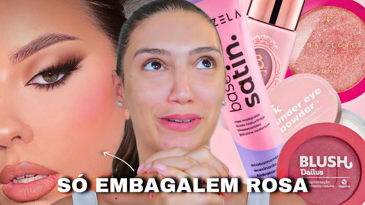 MAKE SÓ COMPRODUTOS DE EMBALAGEM ROSA | FIZ UMA MAQUIAGEM PERFEITA E COMPLETA SO COM PRODUTOS ROSA