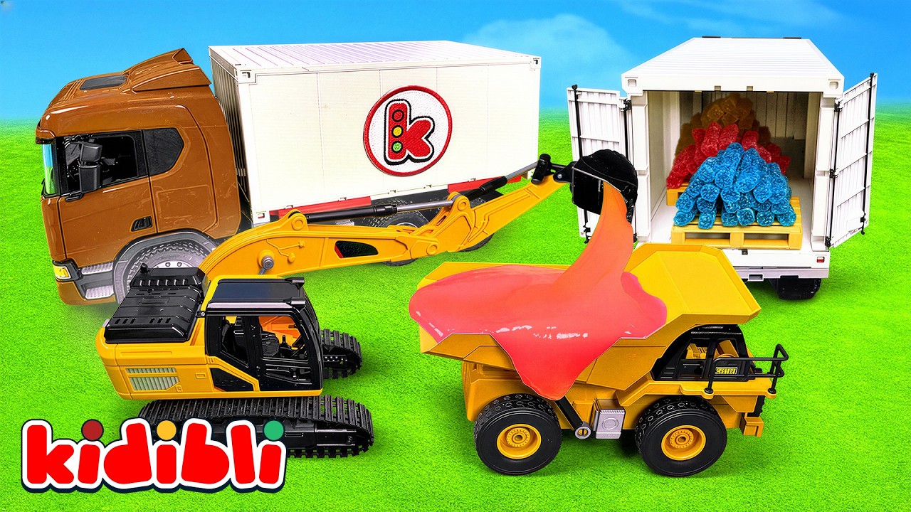 Giocattoli da Costruzione 🚜 Escavatore e Camion Betoniere Giocano con Slime nella Fattoria | Kidibli