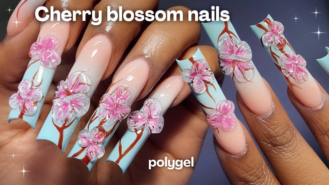 Cherry Blossom Polygel Nails🌸🩵✨ Polygel nails tutorial + 3d flowers 🫧 Spring Nails