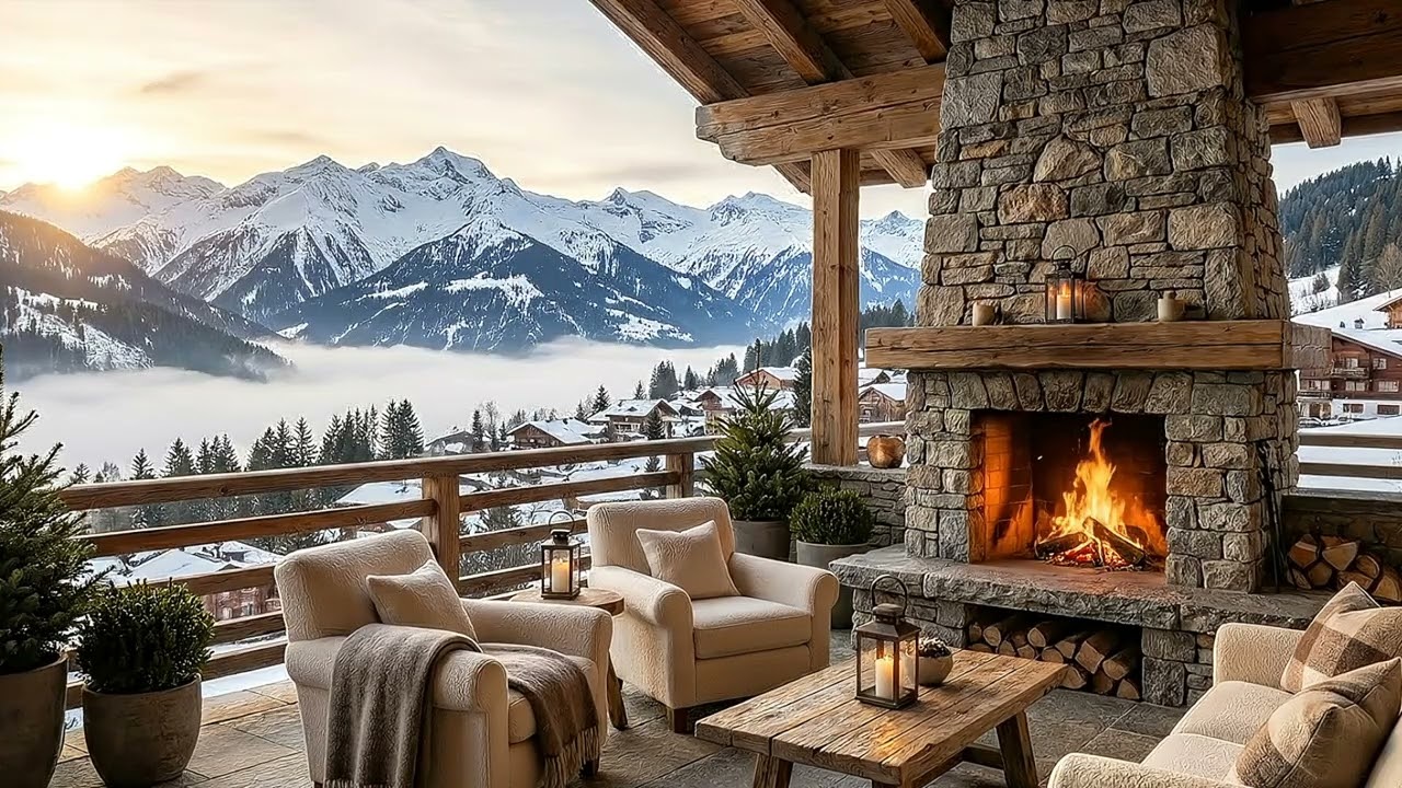 Luxury Winter Fireplace Ambience ❄️  Soft Jazz, Snowy Mountains & Cozy Terrace for Deep Relaxation