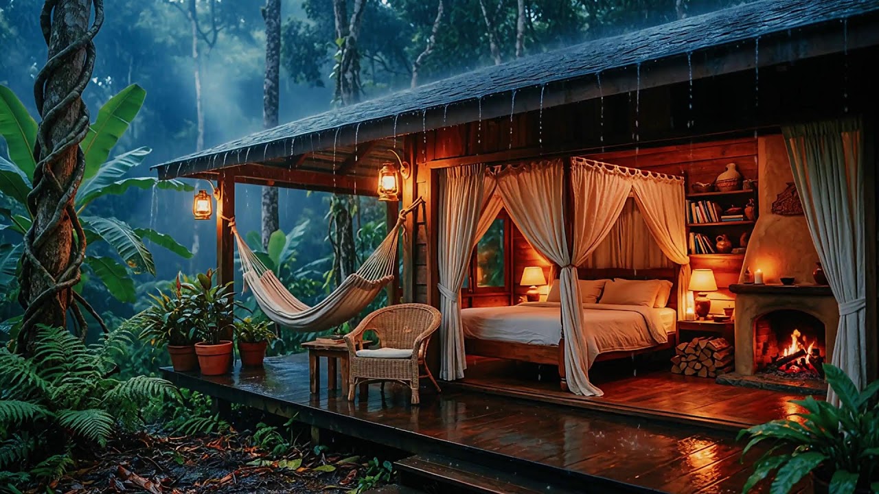 12 HOURS   Hidden Jungle Cabin   Jungle Storm & Warm Fireplace   to Fall Asleep Fast (NO ADS)