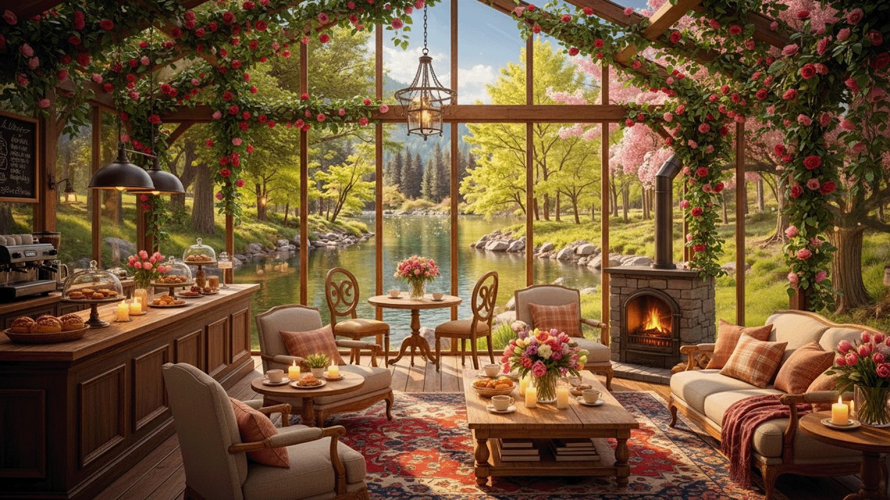 Relaxing Piano Music for Work and Study 🌸 Cozy Spring Ambience with Crackling Fireplace