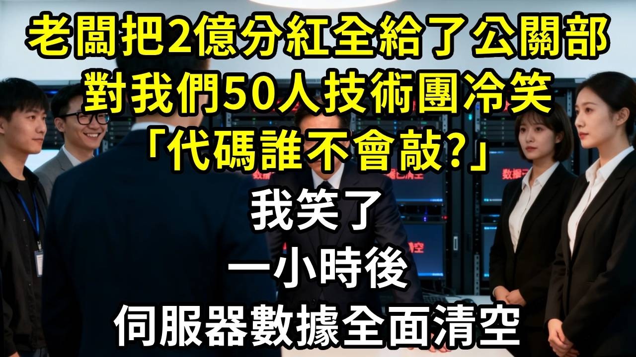 老闆把2億分紅全給了公關部，對我們50人技術團冷笑：代碼誰不會敲？我笑了，一小時後，伺服器數據全面清空