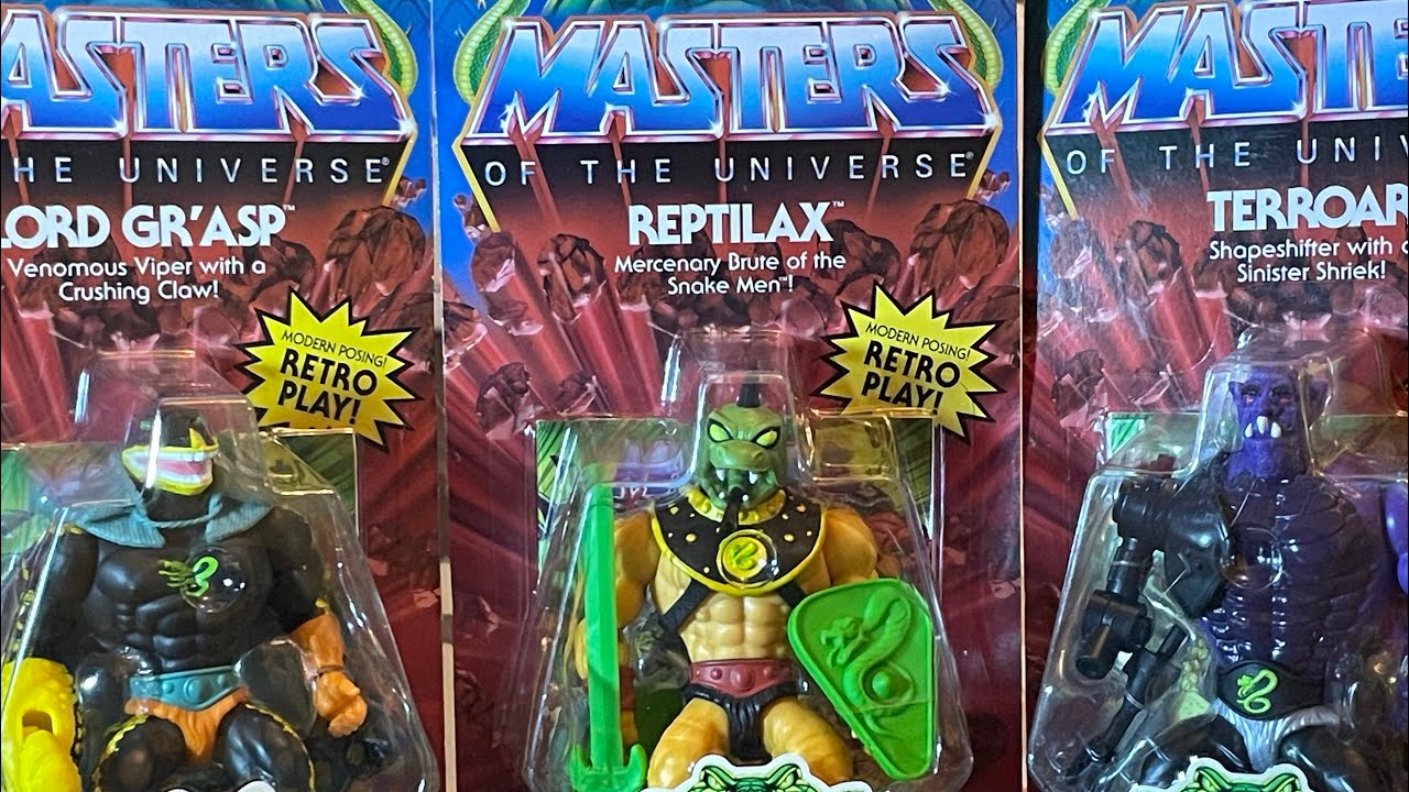 New Masters of the Universe Origins Snake Men! Reptilax, Lord Gr’Asp, & Terroar Action Figures!