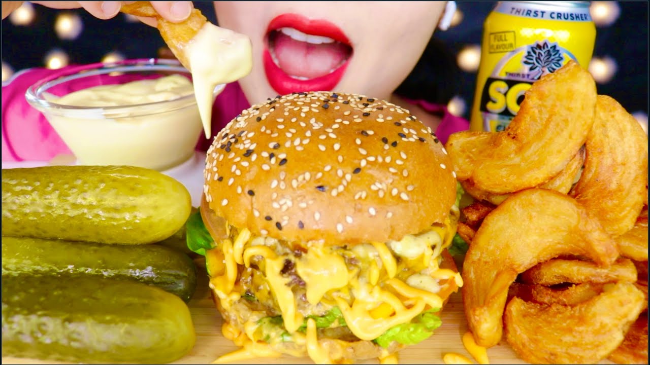 ASMR JUICY DOUBLE CHEESE BURGERS 🍔 CURLY WEDGE FRIES 🍟 FIZZY LEMONADE CHEESE SAUCE EATING 咀嚼音 먹방