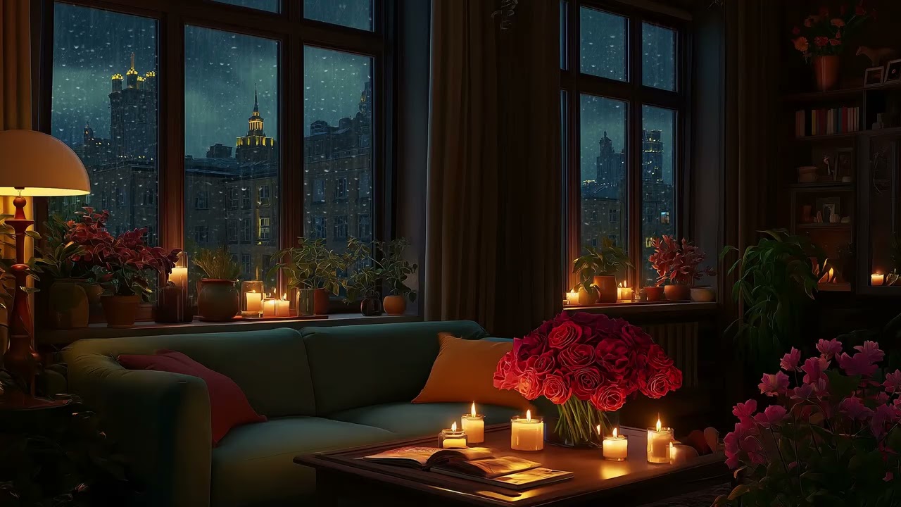 Warm Light & Falling Rain 🌙🌧️ | Cozy Piano Room | 3 Hours Relax Study Meditation Stress Relief