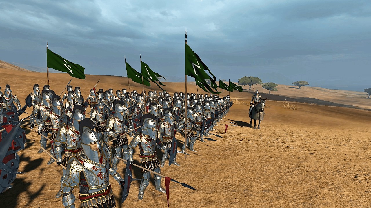 500 White Grim Warrior Block Against Black Grim Warrior — Enemy Flanking At Desert Dusk | Bannerlord