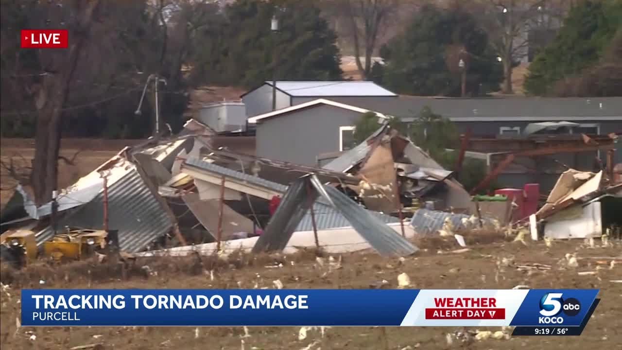 Damage left behind after tornado hits Purcell, Oklahoma on Thursday