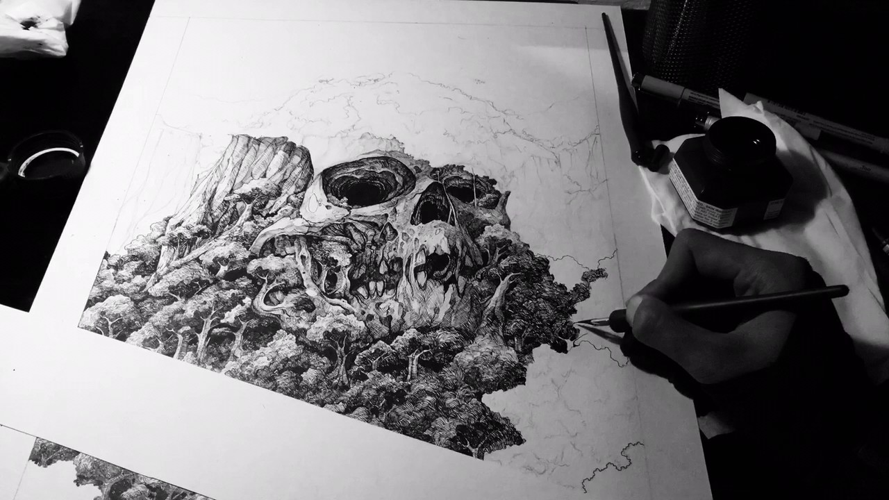 Inking process for tengkorak movie poster