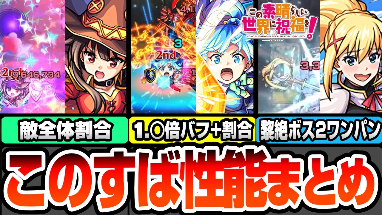 【モンスト】このすばコラボは引くべき？事前評価+性能まとめ！アクアは1.◯倍バフ+割合！めぐみんは全体割合SS！ダクネスは黎絶をボス2ワンパン可能！【この素晴らしい世界に祝福を！】へっぽこストライカー