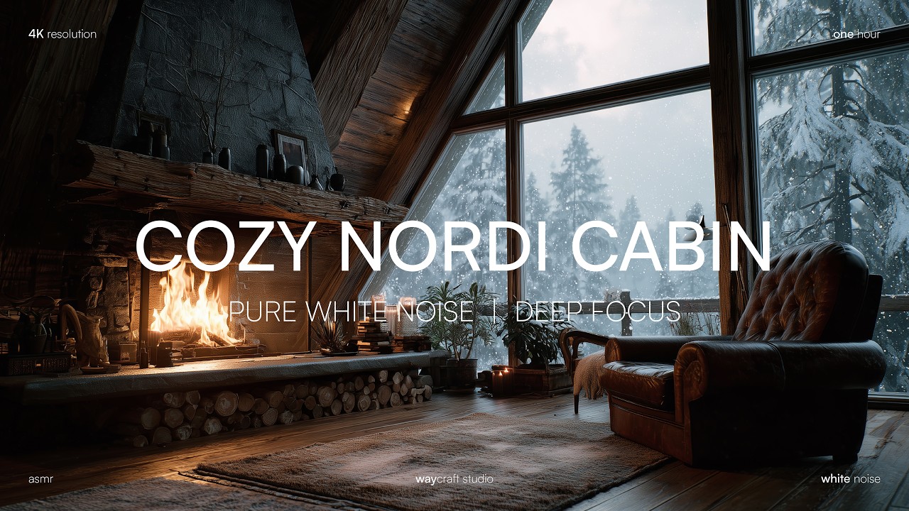 Cozy Nordic Cabin with Roaring Fireplace Sounds | 1 Hour Relaxing Ambience | 4K ASMR | Natural Sound