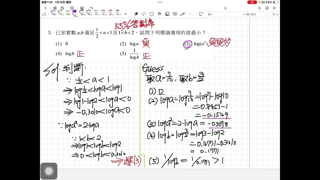 114數B 單選3 55%[兩種方法][對數律_對數運算](已知實數 a，b 滿足(1/2)小於a小於1,1小於b。試問下列哪個選項的值最小？)