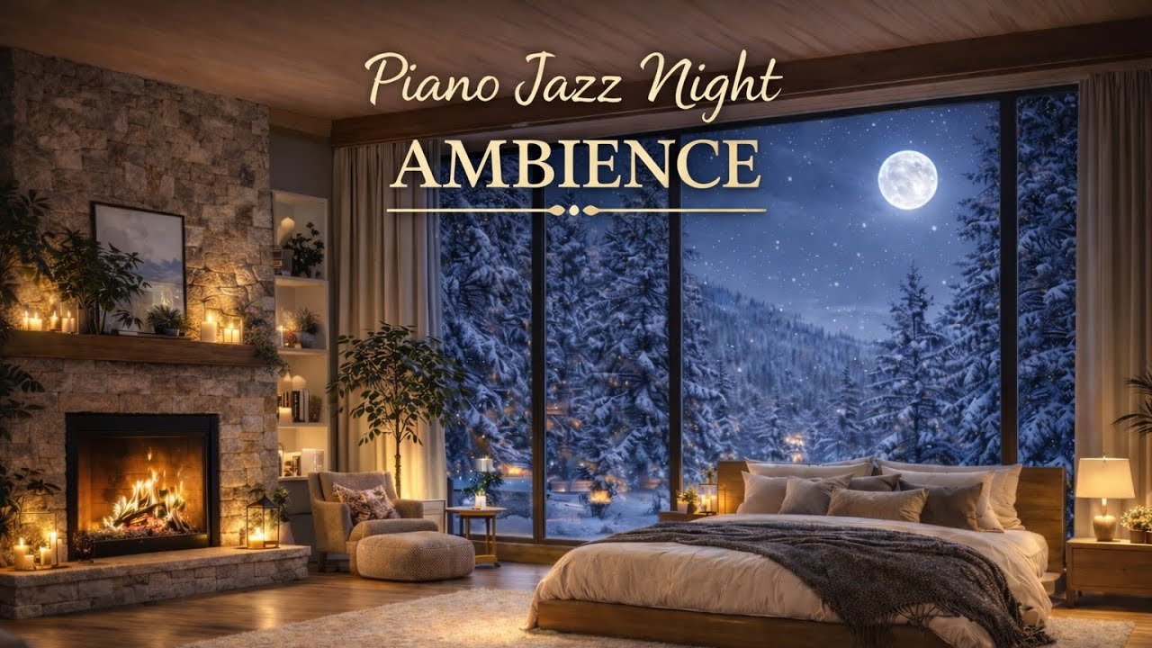 Moonlit Cabin Night 🌙 Smooth Piano Jazz + Crackling Fire (Cozy Ambience)