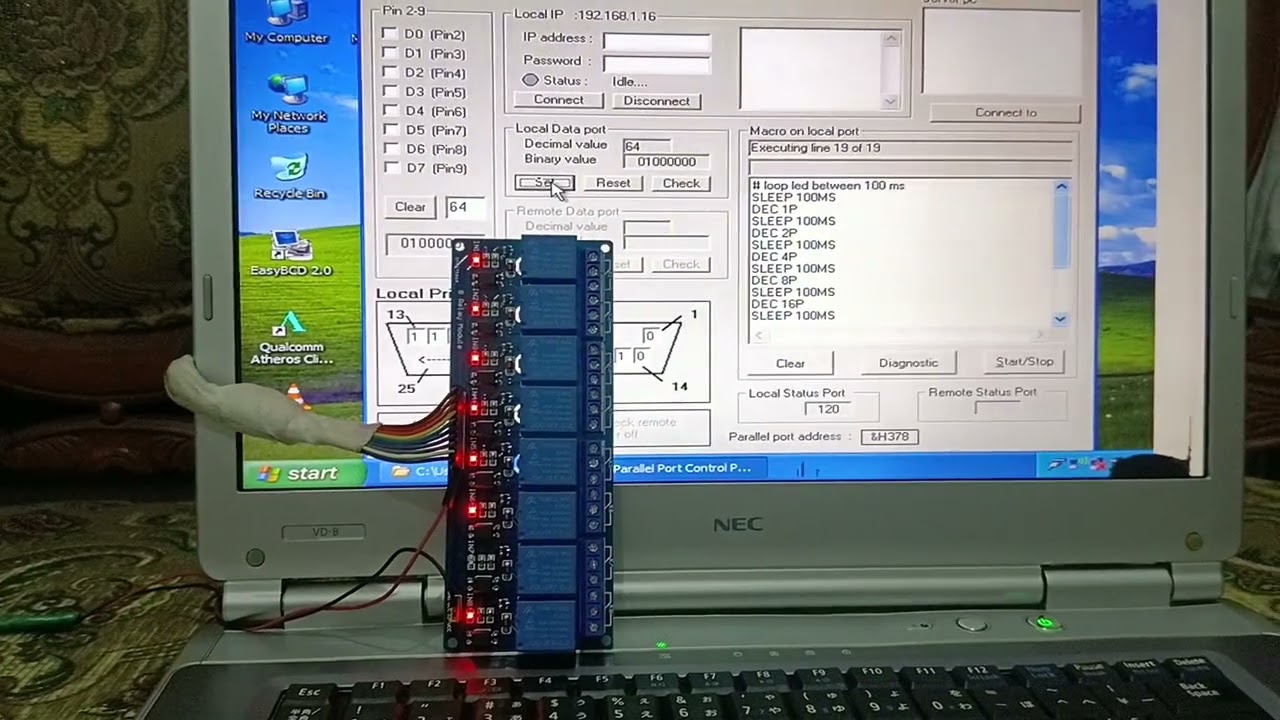 Tes Port LPT Port Parallel NEC Versapro VD-B Menggunakan Qkits Dan Relay 8 Channel