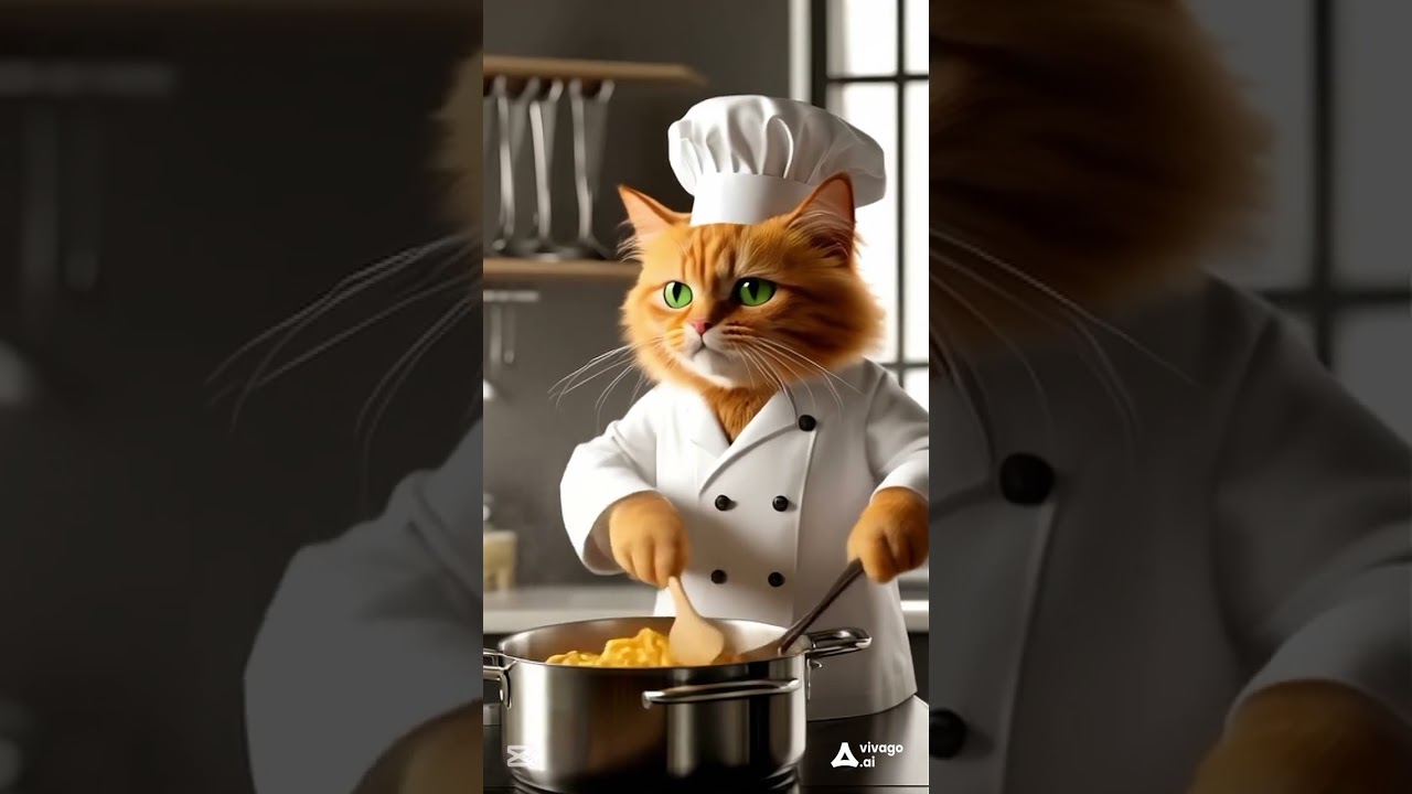 Fluffy orange cat cooking spaghetti 🍝😍 