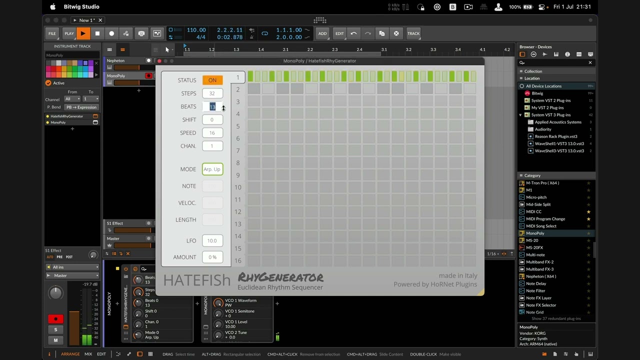Euclidean sequencing with HATEFISh RhyGenerator in Bitwig Studio