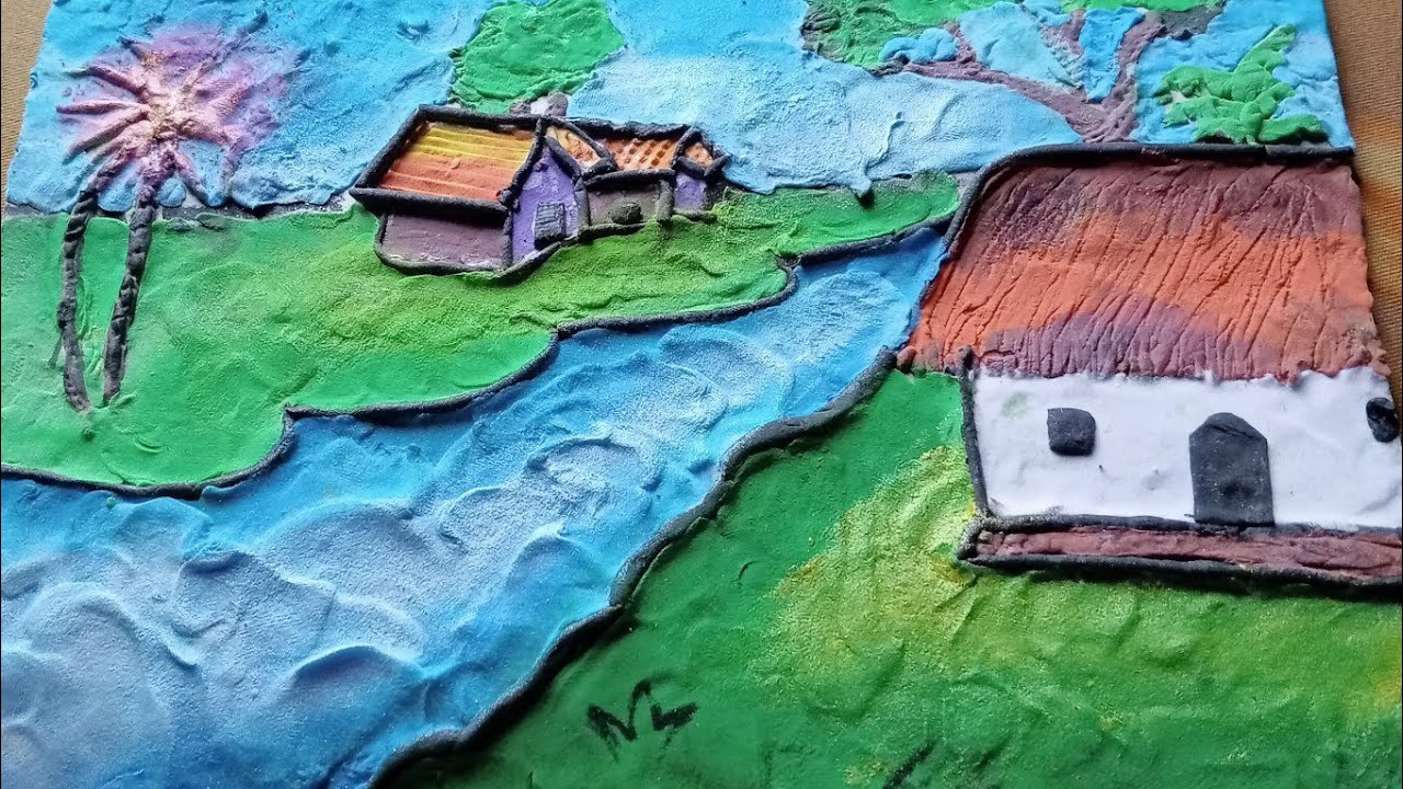 ক্লে দিয়ে গ্রামের দৃশ্য আঁকা। Diya miniature house how to make village scenario .