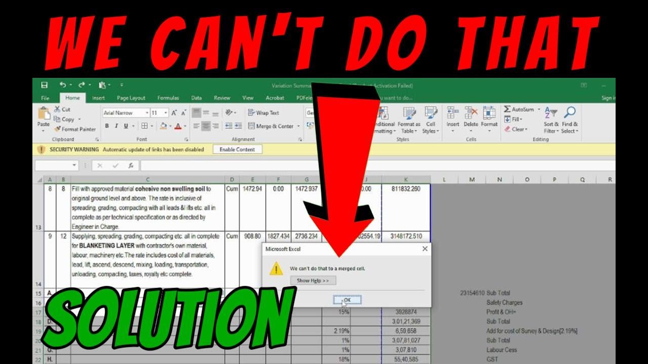 Solution for We can't do this with merged cells