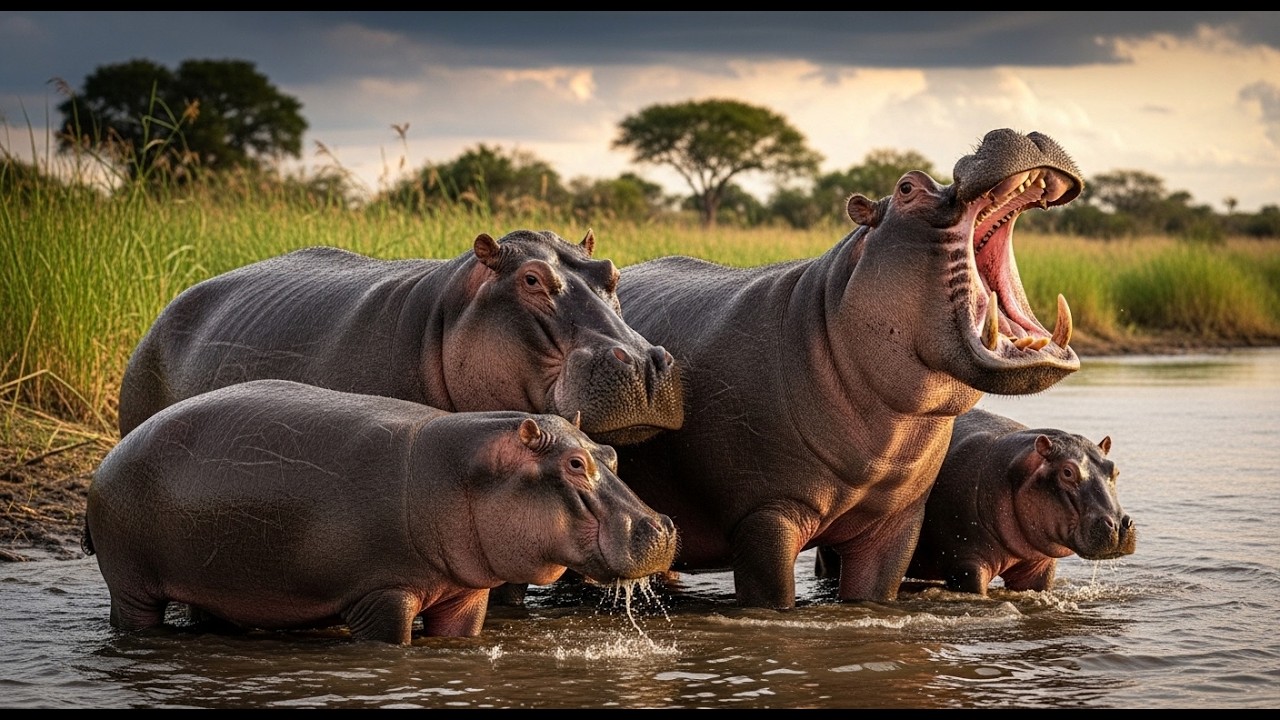 Powerful Hippopotamus Family Defending Their Territory