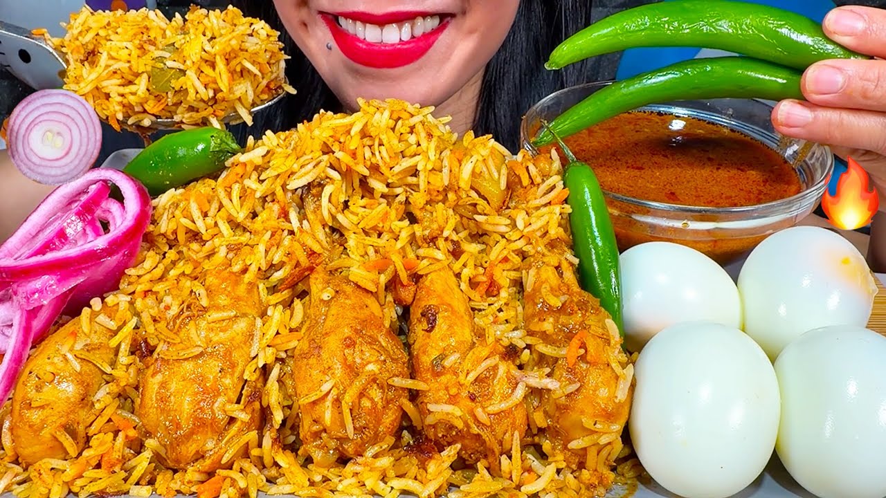 ASMR SPICY BOMBAY CHICKEN BIRYANI, BOILED EGGS, ONION, CHILI MUKBANG MASSIVE Eating Sounds