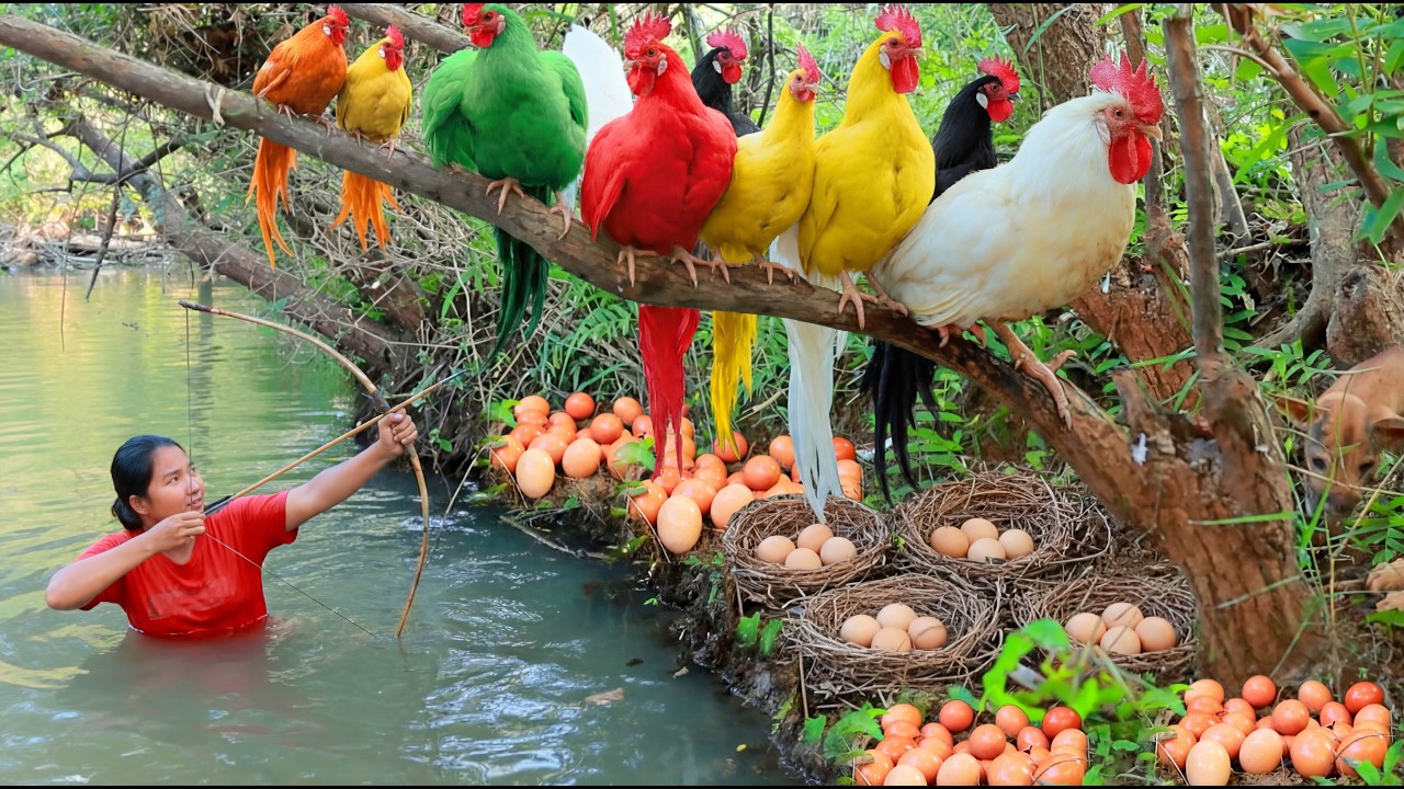 Women Hunting Chicken egg meet Durian at river - Cooking Chicken egg for dog Eating delicious 4K