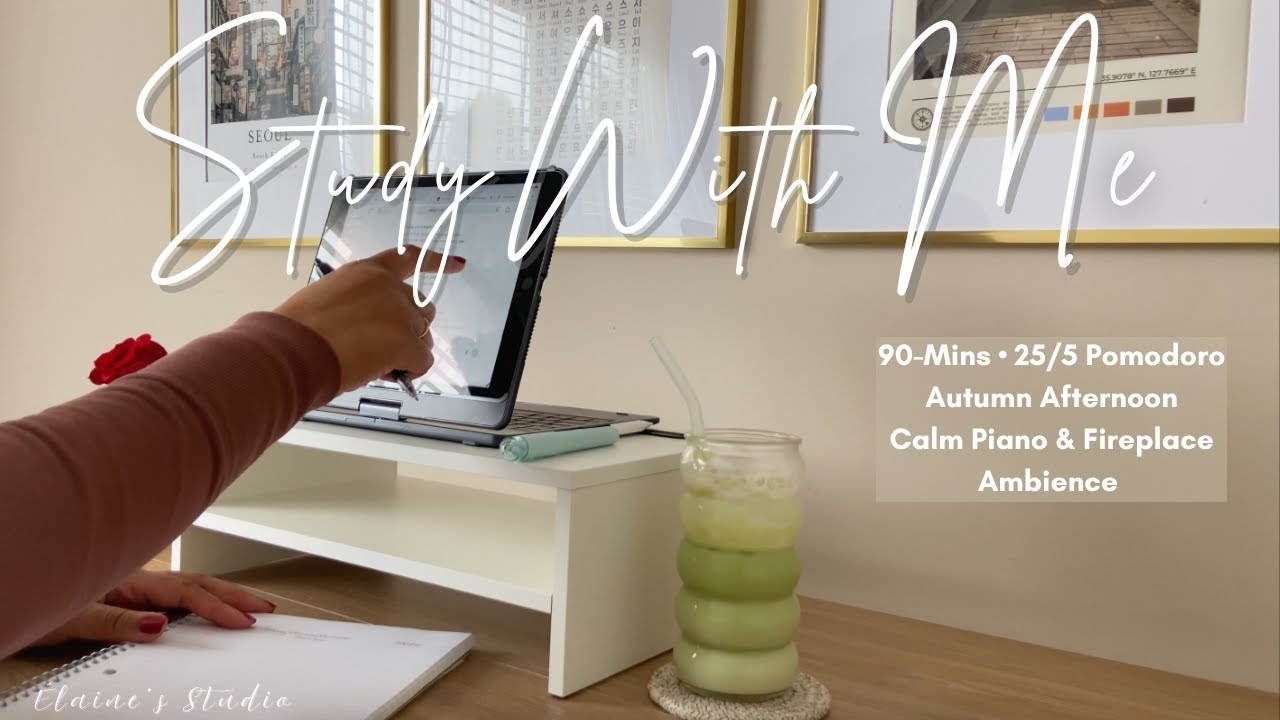 🍂 90-Min STUDY WITH ME 🤎 Cozy Autumn Day | Pomodoro 25/5 | Calm Piano + Fireplace Ambience