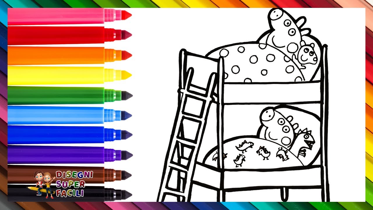 Disegnare e Colorare Peppa Pig e George Pig Nel Loro Letto a Castello 🐷🛏️🛏️🌈 Disegni Per Bambini