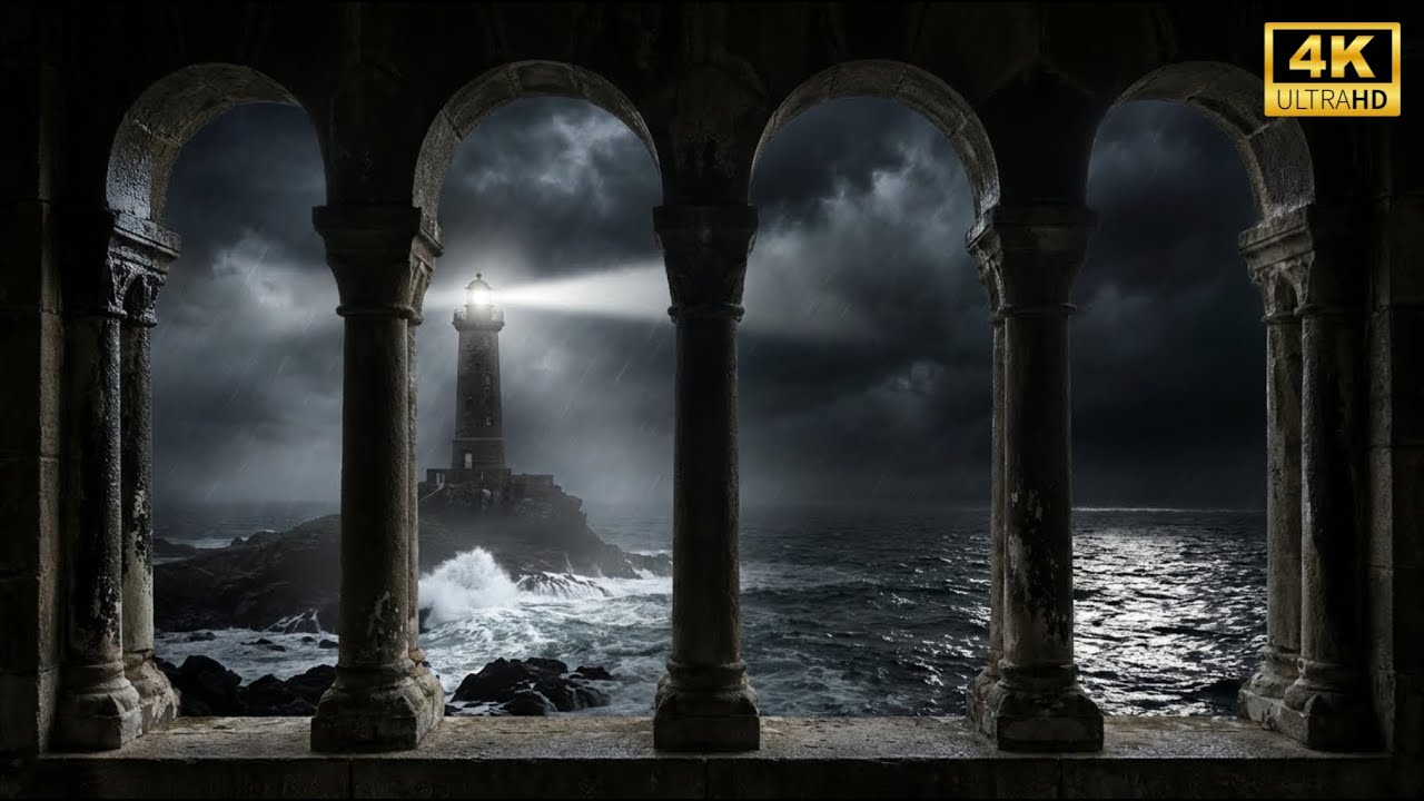 4K Projector Window View: The Lighthouse at Night | Dark Ocean Rain - Sleep Relaxing Rain Sounds.