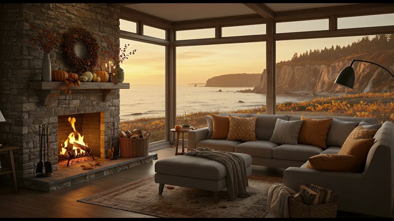 Cozy Autumn Oceanfront Cabin 🍁 | Stone Fireplace and Golden Sunset for Relaxation and Sleep