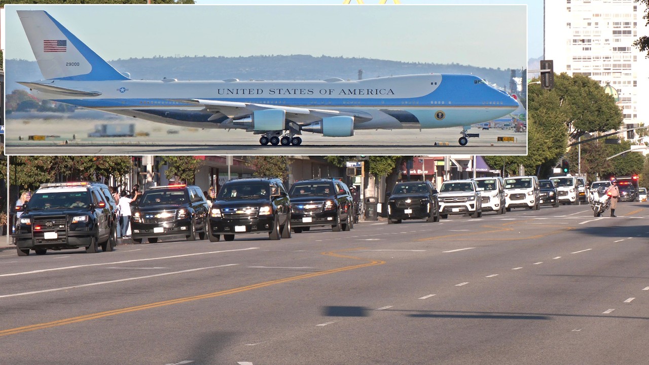US President's motorcade through Los Angeles with Air Force One departing