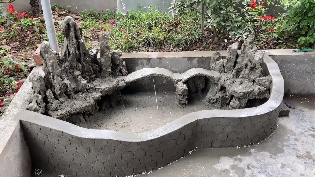 Great Garden Decorating Ideas - Aquarium Combines Waterfalls From Cement, Styrofoam & Old Bricks