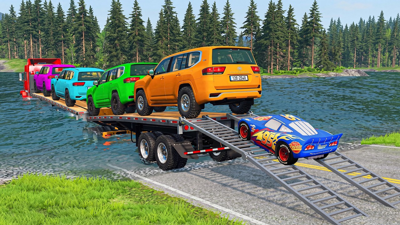 Double Flatbed Trailer McQueen Transportation with Truck - Speedbumps vs Cars vs Train - BeamNG #44