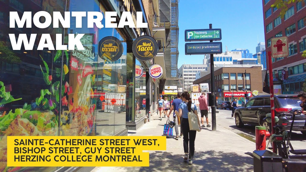 Beautiful Sunny Day Walk in Downtown Montreal: Sainte-Catherine Street and Herzing College