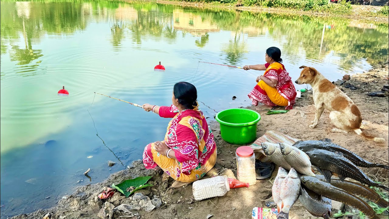 Fishing Video || Traditional Two grandmothers is fishing in the village pond || Amazing hook fishing