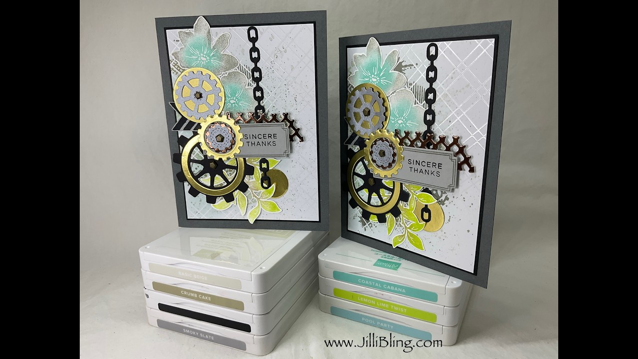 Stampin Up Gears & Textures Avid Stampers - Karta z motywem k&oacute;ł zębatych i kwiat&oacute;w z rajskiego og...