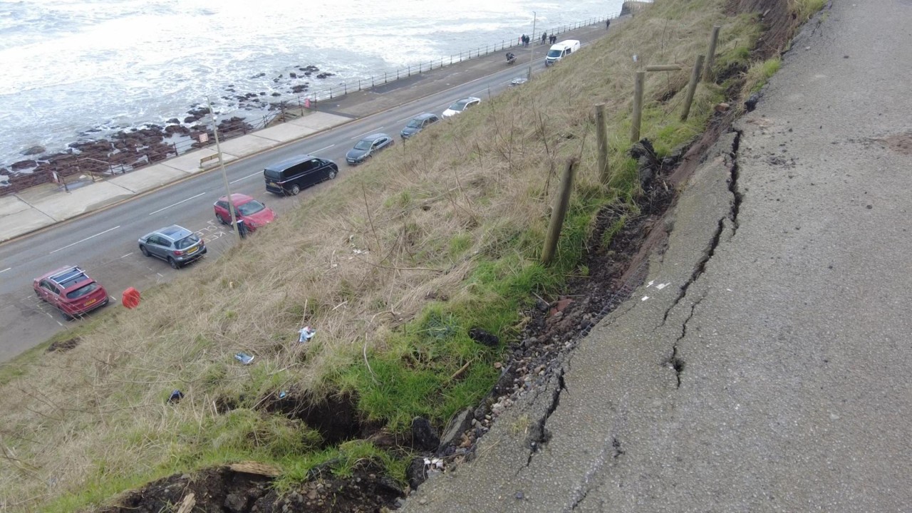 Land slips on the North bay , Scarborough today and west pier flooding