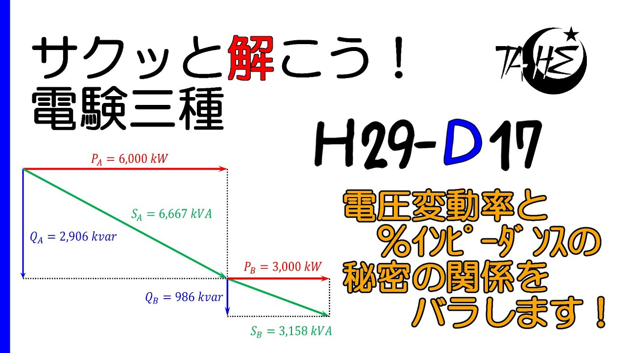【電験三種】平成29年度 電力 問17【送配電:電圧変動率と％Zの関係 力率改善 無効電力の需要と供給】