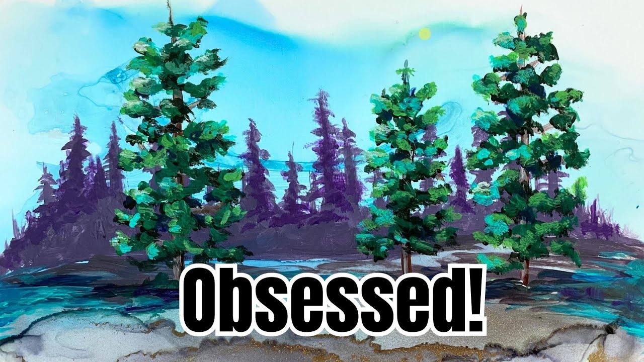 Mixed Media Pine Tree Painting Tutorial | ACRYLIC and ALCOHOL INK #alcoholink #acrylic #paintwithme