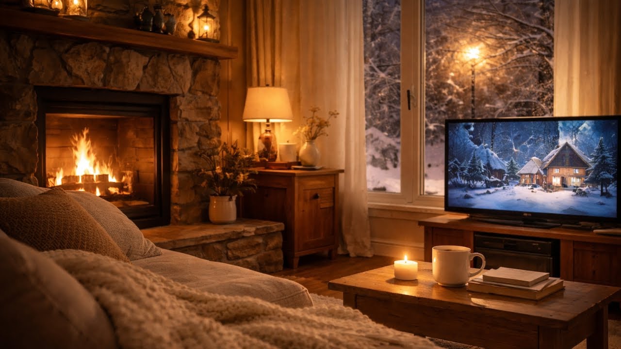 1 Hour Fireplace & Snowstorm Ambience ❄️ Cozy Living Room Sunday Night