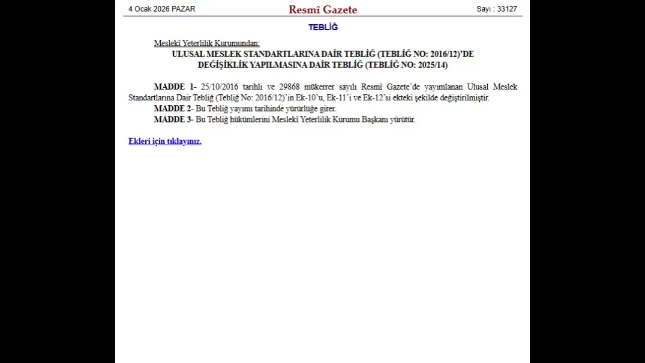 33127 04 01 2026 ULUSAL MESLEK STANDARTLARINA DAİR TEBLİĞ